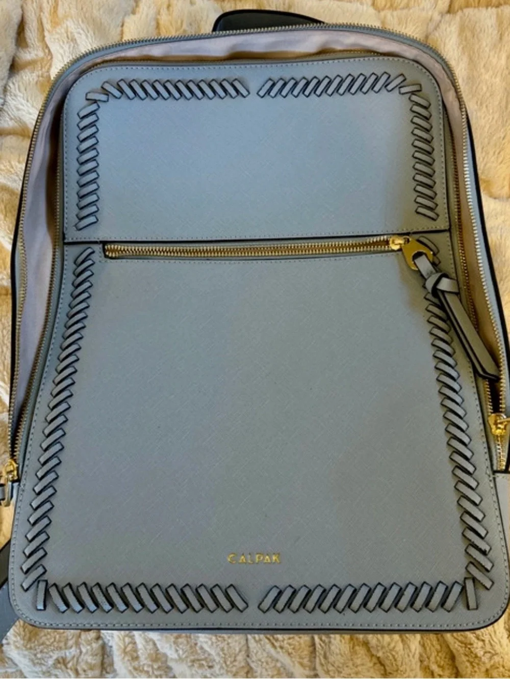 Calpak Light Blue Women's Backpack with Woven Trim and Gold Hardware